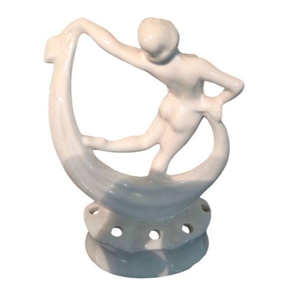 Antique Flower Frog Ceramic Dancing Woman Figurine Ivory Glaze Art Deco 6" - Picture 3 of 11